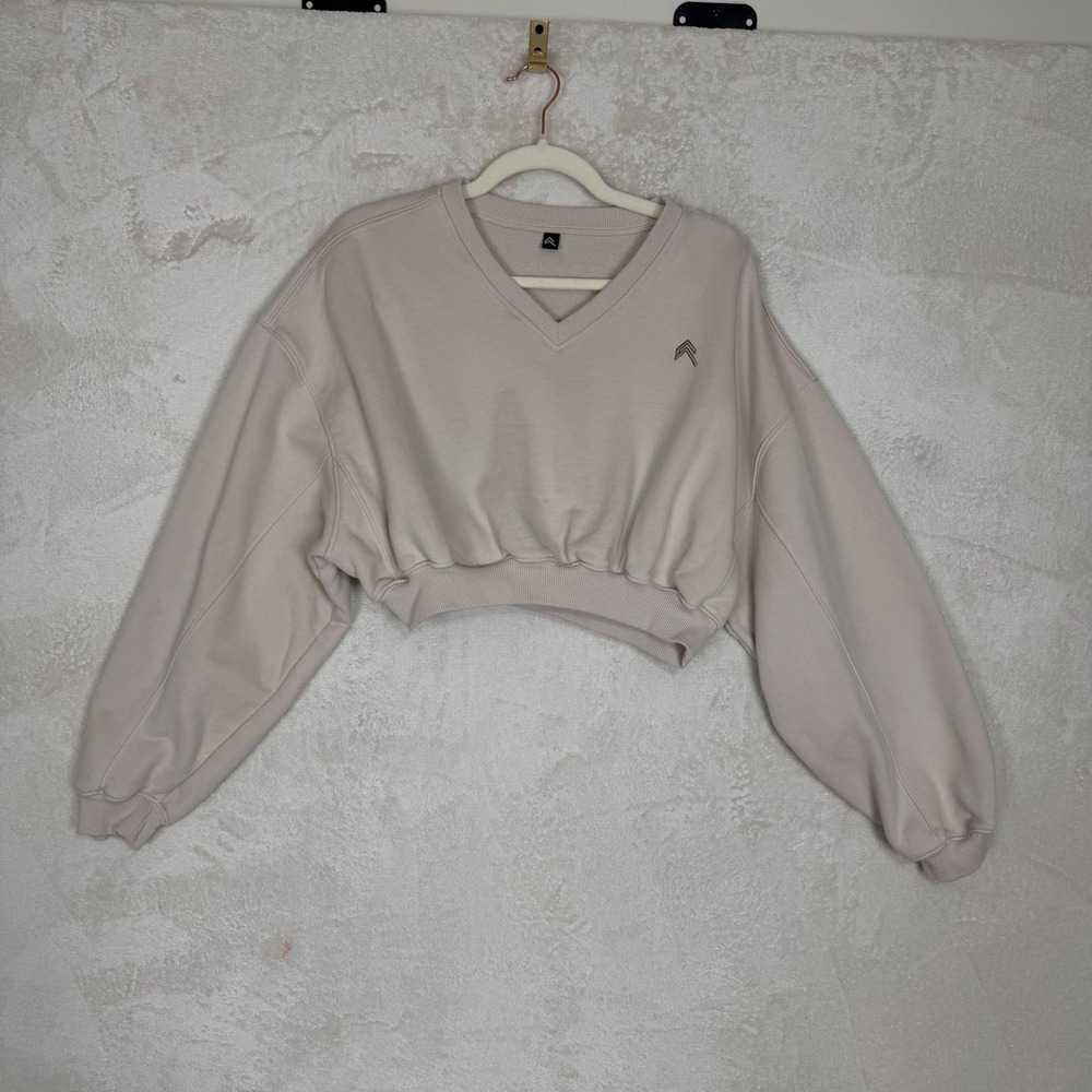 Oner Active All Day Cropped Oversized V-Neck Sweatshirt Oatmeal Balloon Sleeve M